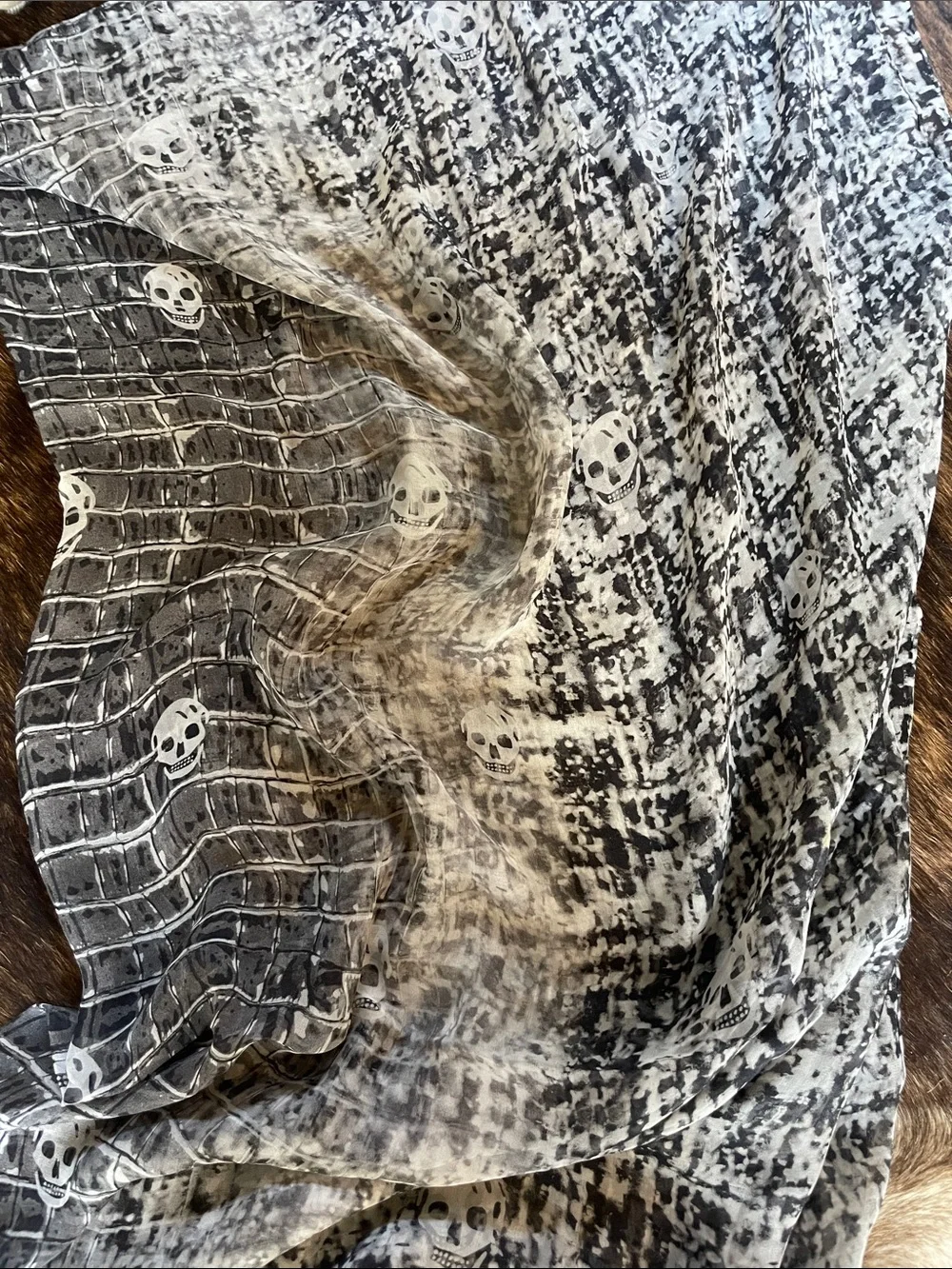 Alexander McQueen Black & White Skull Print Silk Scarf